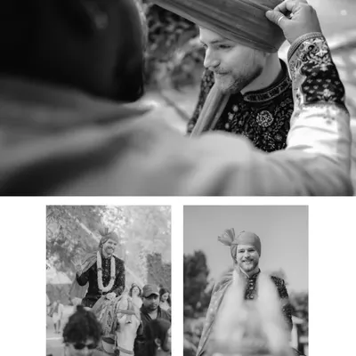 A beautiful collage from Pavitra and Myles's wedding, showing the groom embracing Malayali traditions. It's a perfect example of a "Two States" story, blending Canadian grace with Indian heritage in Bangalore.