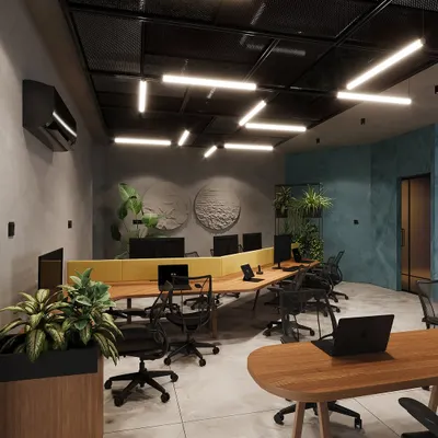 A visualization of an open-plan workspace designed for a dynamic team. I used a combination of shared desks, ample greenery, and a unique ceiling grid with integrated lighting to foster a collaborative and energizing atmosphere.