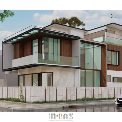 A proposed elevation where glass, stone, and wood create a harmonious balance. Expansive glass panels are designed to maximize natural light, while the stone base provides a sense of permanence and the wood cladding adds warmth.