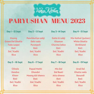 This was our Paryushan menu from 2023. We offer freshly prepared, compliant food with options for Chovihar, and you can place your order one day in advance.