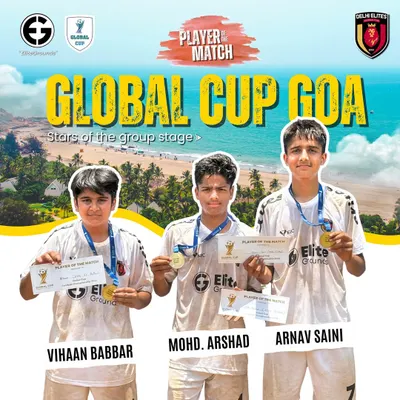 Stars of the group stage. Vihaan, Mohd. Arshad, and Arnav recognized as Player of the Match for their standout performances at the Global Cup Goa.
