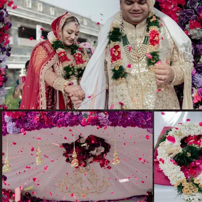 A collage showing the couple's journey to the mandap, adorned with enchanting pink and purple florals. This setup at Ramada Udaipur was designed to be a perfect ode to romance.
