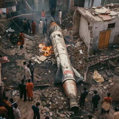 An overhead view of a crashed rocket in a dense residential area of 'Rocketganj'. This image tells a story of a community living with the dangerous side effects of rapid, privatized technological progress.