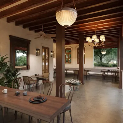 This is a 250-year-old heritage home I am restoring into a cafe in Alibaug. The design blends rustic charm with modern sensibility, using exposed wooden rafters, warm lighting, and natural materials to create a cozy, inviting space for coffee lovers.