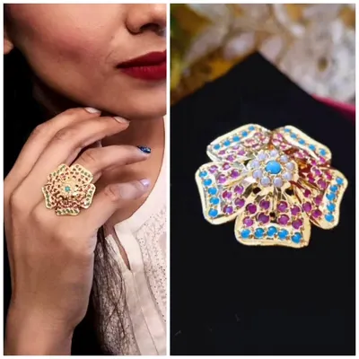 This collage shows the vibrant, floral "Anokhi" Jadau ring both as a product and styled on the hand. Its adjustable nature makes it a perfect, worry-free statement gift.