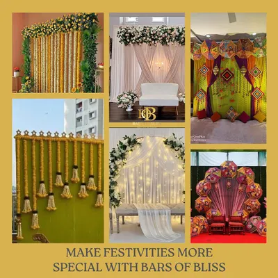 A collage showcasing the variety of our work, from traditional floral backdrops for Mehendi and weddings to modern, elegant seating arrangements for any special occasion.