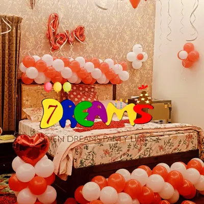 A romantic surprise room decoration I put together. This setup includes red and white balloons, a 'love' foil balloon over the bed, and floor arrangements to create a special, intimate atmosphere.
