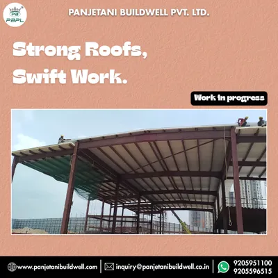 A work-in-progress shot of our PUF roof panel installation at Experion, Gurgaon. This image shows the steel framework being covered, demonstrating our commitment to strong roofs and swift work on large-scale projects.