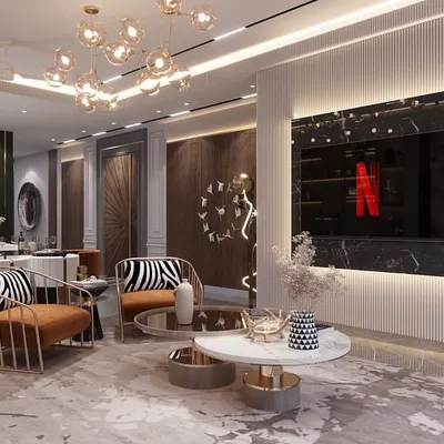 An open-plan living and dining area designed for a builder floor in Sushant Lok, Gurgaon. The space is defined by a bold black marble TV wall, custom accent chairs with zebra print, and a cohesive color palette that feels both elegant and modern.