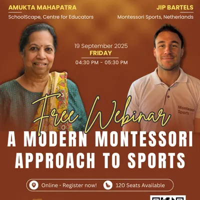 A poster for our free webinar on a modern Montessori approach to sports, featuring our founder Amukta Mahapatra and Jip Bartels, co-founder of Montessori Sports.