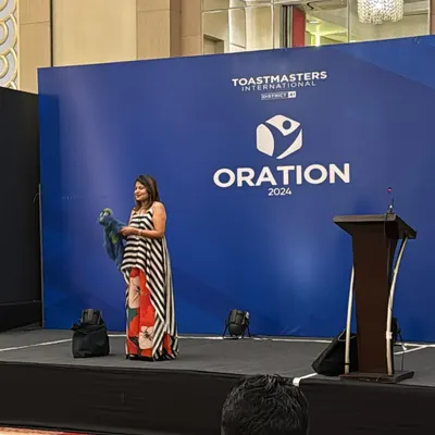 On stage at Oration 2024, a Toastmasters International event in Gurgaon, where I was invited as a keynote speaker.