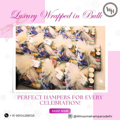This image captures the scale of my operation, showing a large batch of hampers being prepared for a bulk order. Each one is meticulously wrapped and finished with a tulle bow, ensuring luxury at scale.
