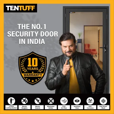 We are India's number one security door for a reason. This graphic highlights our key features: a 3-point locking system, burglar and insect blocking, elimination of grilles, free airflow, seamless views, anti-corrosion mesh, and a 10-year warranty. It's a complete security and lifestyle upgrade.