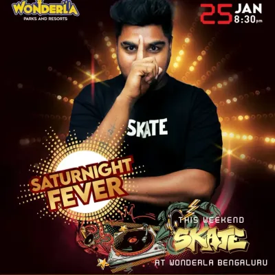 The official event flyer for my "Saturnight Fever" show at Wonderla Bengaluru, a major event open to all park visitors.