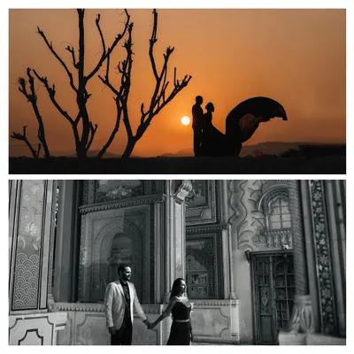 This composite image showcases two of my favorite cinematic techniques: a dramatic sunset silhouette with a flowing gown and a moody black and white portrait within a heritage location.