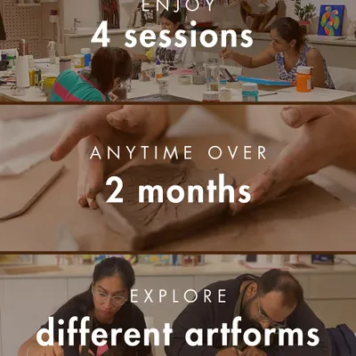 Our flexible art bundle gives you a creative break on your terms. It includes four 2.5-hour studio sessions that you can use anytime over two months, with all materials included.
