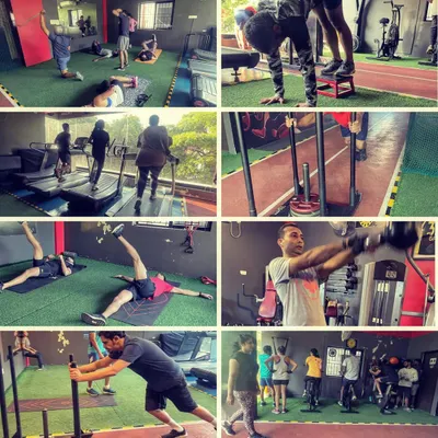 A collage capturing the diverse activities at our gym. From mobility work and sled pushes to treadmill runs and group exercises, there's always something happening at A3.