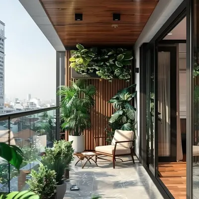 This long balcony features a striking wood-paneled accent wall and ceiling, creating a warm yet modern look. The design is kept minimal with a single armchair and carefully placed plants to maintain an open, uncluttered feel.