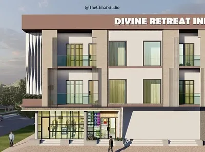This is a frontal elevation render for the Divine Retreat Inn, showcasing its clean, modern lines and balanced composition. The design features prominent signage and a mix of open balconies and rhythmic windows to create a welcoming and professional look.