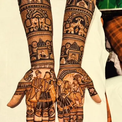A clear, watermarked version of my signature storytelling mehendi, showing the intricate details of the couple portraits and wedding scenes.