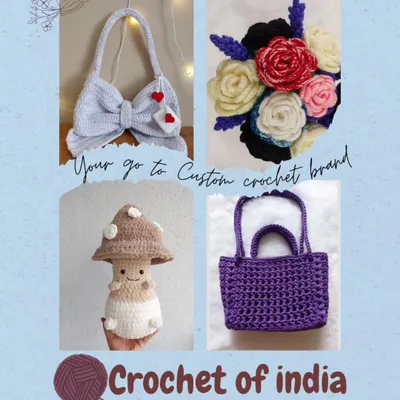 A collage showcasing the variety of custom crochet items I can create, including bow-themed bags, floral bouquets, amigurumi plushies, and simple tote bags.