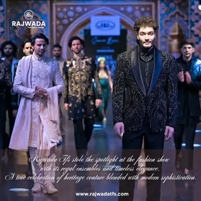 A panoramic view of our models on the runway, showcasing the diversity and regal elegance of our collection. From embroidered sherwanis to statement tuxedos, each look is crafted for impact.