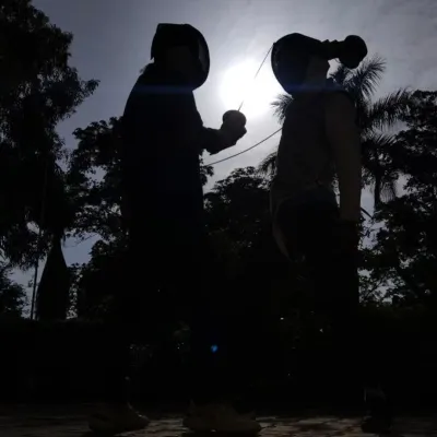 A striking silhouette of two fencers against the sun. This image captures the intensity and focus of a duel, highlighting the classic 'en garde' stance.