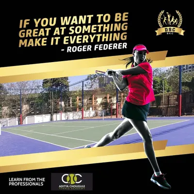 A player mid-swing on our beautiful hard-surface tennis court. We partner with professional academies to ensure you get the best coaching and playing experience.
