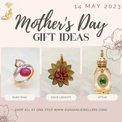 For special occasions like Mother's Day, I often curate a selection of gift ideas. This graphic showcases some popular choices like a ruby ring, a gold locket, and even attar, showing the range of gifts available.