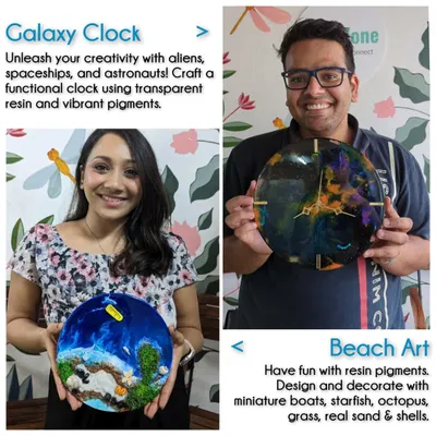 A showcase of the incredible variety you can create with resin. From beach art with real sand and shells to galaxy clocks with swirling cosmic dust, the possibilities are endless in our workshops.