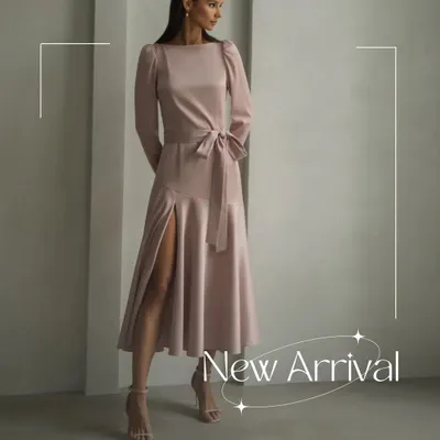 The full silhouette of my dusty pink ENZO dress. The midi length is incredibly versatile, while the side slit and tie-waist detail ensure a flattering and feminine fit.