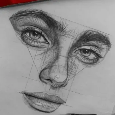The final step of a facial anatomy tutorial, showing how basic shapes and lines can be built up into a realistic, shaded face.