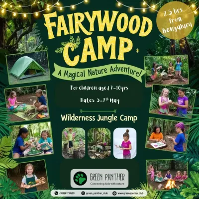 The official poster for our Fairywood Camp, a magical nature adventure for children. It showcases the fun activities and jungle setting.