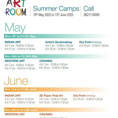 Here is the complete schedule for our much-awaited summer camps. You can see the different modules we offer each week, including Indian Art, Ceramics, Dry Point Printing, and more, with age groups and timings clearly listed.