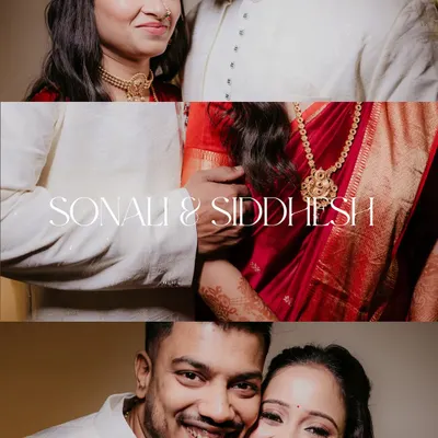 A creative collage from Sonali and Siddhesh's engagement, blending close-ups and happy portraits to tell the story of their day.