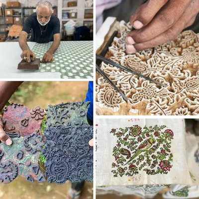 A postcard from our studio, capturing the four pillars of our craft: the artisan's hand, the intricate carving, our vintage blocks, and the final printed textile. Best wishes from our family to yours.