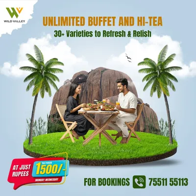 Enjoy an unlimited buffet and hi-tea with over 30 varieties to refresh and relish. A couple is seen enjoying their meal with a beautiful mountain view.