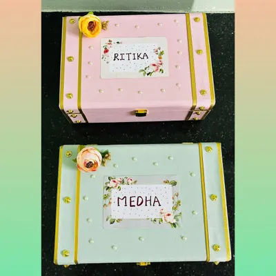 The perfect way to propose to your bridesmaids. We created these matching personalized trunks in pink and mint green, each with a custom floral name tag for a bride's best friends.