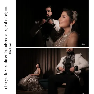 A dramatic two-panel portrait of a couple dressed in elegant evening wear. The moody lighting and sophisticated poses create a high-fashion, luxurious feel.