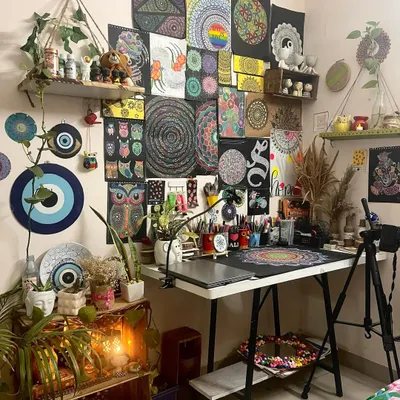 This is my art space, a corner of my home that I've filled with my creations. It's more than just a studio; it's where I find peace, meditate, and connect with my creativity.