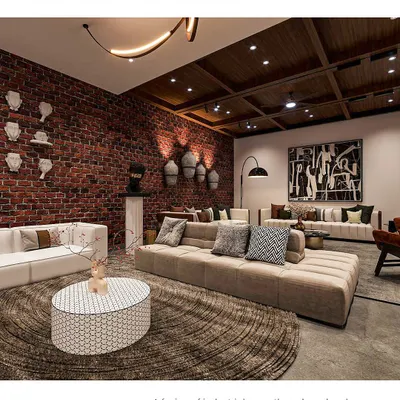 This lounge and bar area is a fusion of industrial warmth and modern luxury. We balanced raw brick walls and a wood-coffered ceiling with plush seating and curated art for an inviting ambiance.