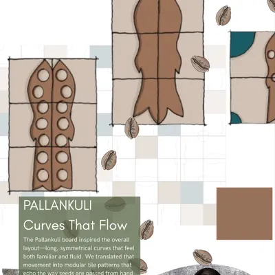 The design process for our Pallankuli tiles started with the game's symmetrical, flowing curves. We translated this movement into modular patterns that echo the way seeds are passed from hand to hand, creating a gentle, organic rhythm.