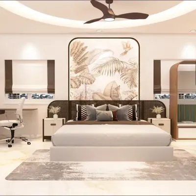 Where every detail whispers comfort. This luxurious bedroom features a stunning art piece behind the bed, a cozy bay window seat, and an integrated study desk, creating a space that is both stylish and multifunctional.