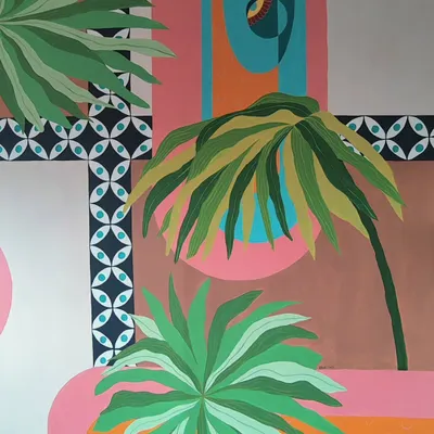 A detailed section of a large custom painting inspired by tropical flora and geometric tiles. I combined lush green palm leaves with intricate patterns to create a piece that feels both organic and structured.