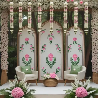 An elegant and serene stage for a Mehendi or Haldi ceremony. The backdrop features hand-painted floral motifs, complemented by hanging floral strings and beautiful pink and white flower arrangements.