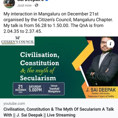 The poster for my talk in Mangaluru on "Civilisation, Constitution & the myth of Secularism". In this session, I addressed the inherent contradictions in the application of secularism in India and its impact on our civilizational identity.