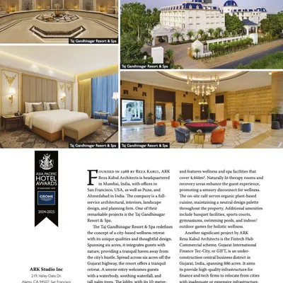 This collage showcases our award-winning work on the Taj Gandhinagar Resort & Spa. The project was a deep dive into creating a city-based wellness retreat, integrating guest rooms, a 10-meter high lobby, and spa facilities with nature to promote healthy living.