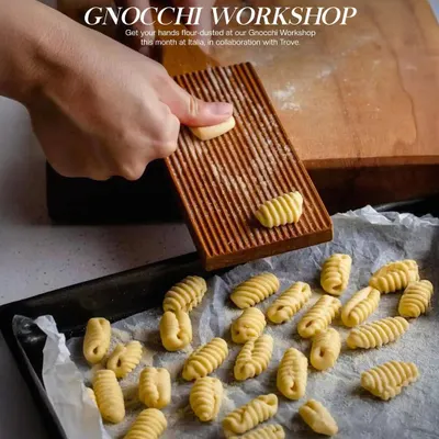 Get your hands flour-dusted at our Gnocchi Workshop. This poster announces a hands-on class at Italia where guests can learn to make the classic pasta from scratch.