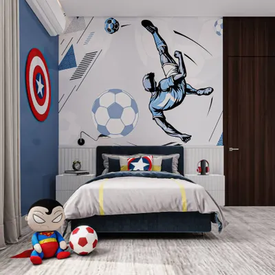A dream room for a young superhero and football fan. I used a dynamic wall mural, a Captain America shield, and themed bedding to create an action-packed space that's full of energy.