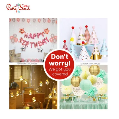We've got you covered with all the party essentials. This image shows a sample of our wide selection, including 'Happy Birthday' balloon banners, colorful party hats, decorative string lights, and paper lanterns.